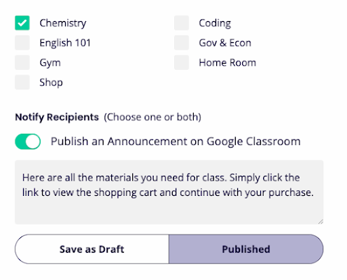 Announcement options in Google Classroom